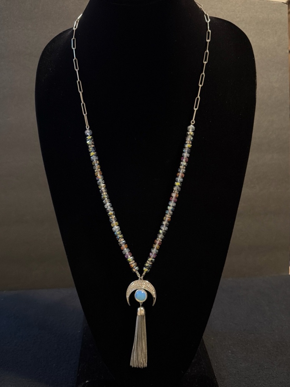 Silver Tassel Pendant Necklace with Multicolor Beads and Paperclip Chain